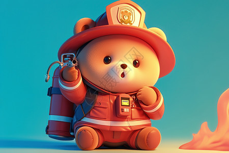 消防意识小熊穿着消防员制服插画