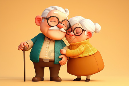 老年爱情手拉手的老年夫妻插画