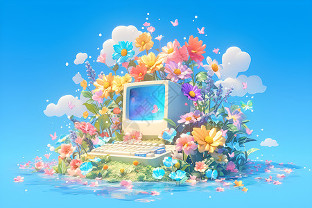 屏幕环绕花朵环绕的电脑插画