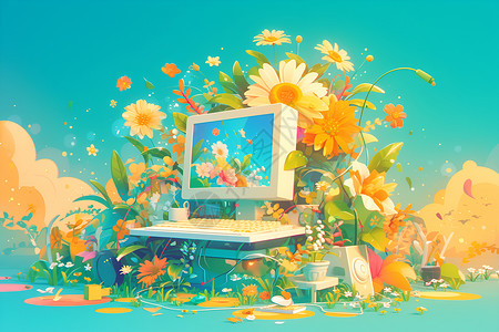 鲜花围绕的电脑插画