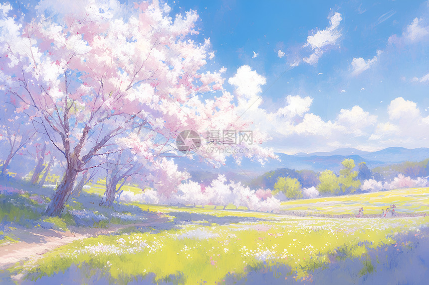 田野中的樱花树图片
