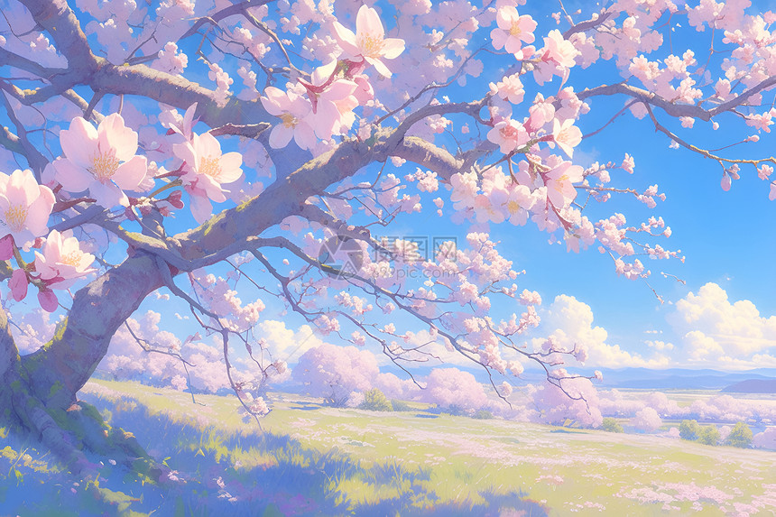 草地中的樱花树图片