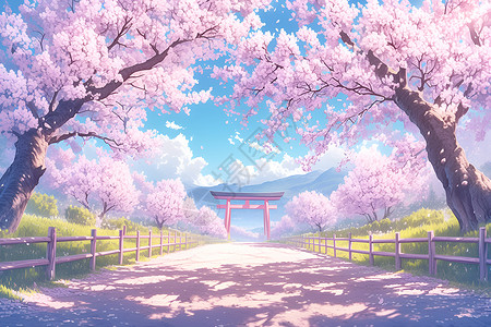道路两边的樱花树高清图片