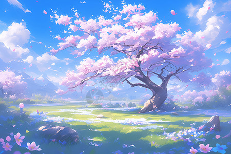 草地中的一棵樱花树插画