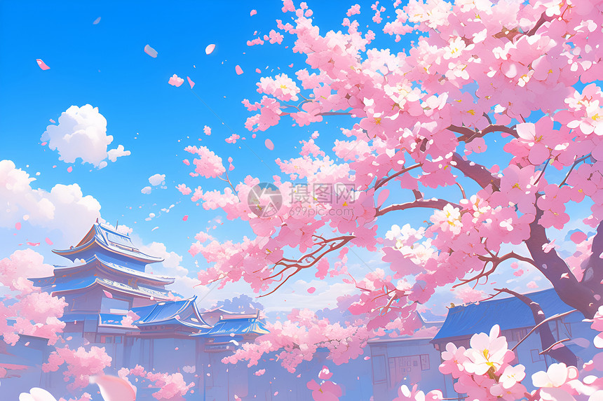 寺庙前的樱花树图片