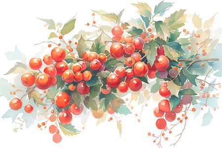 红浆果的水彩画背景图片