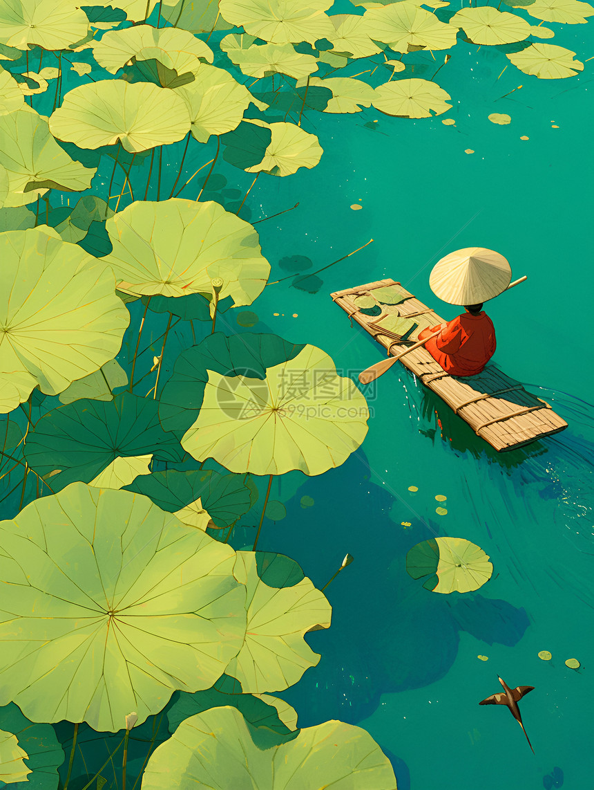 夏天雨中的湖中竹筏图片