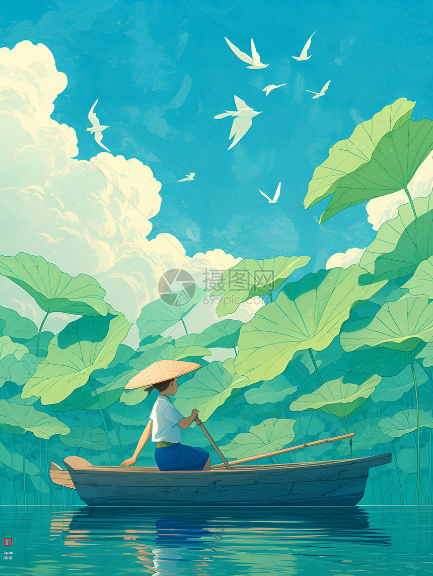 夏日湖中的竹筏图片