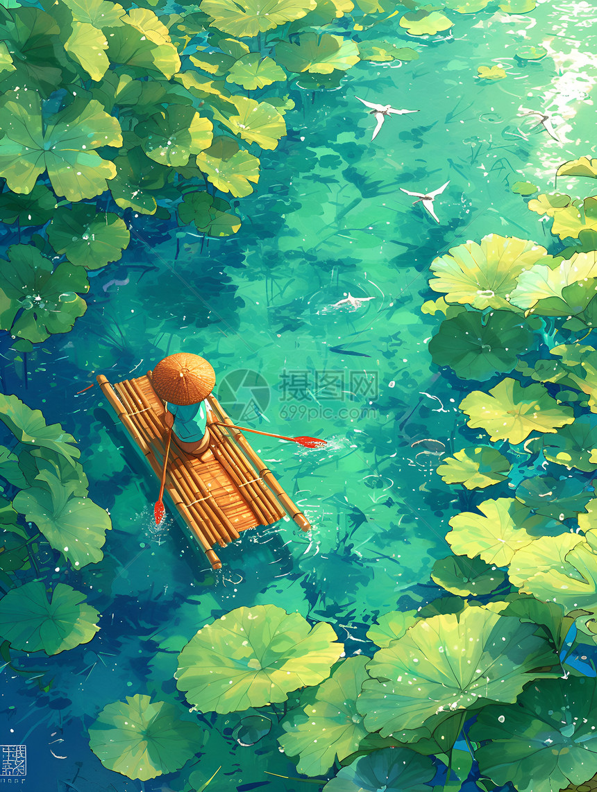 夏日静谧莲叶环绕湖面图片