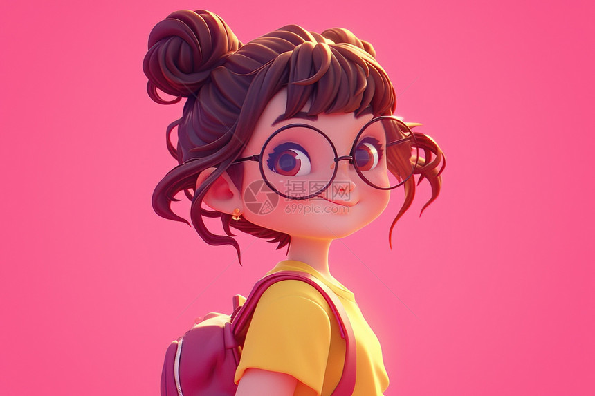 粉色背景下戴眼镜的卡通女孩图片