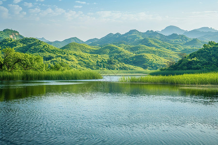 湖水绿树平静的湖面背景