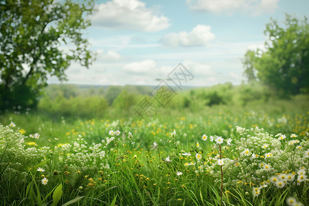 花朵草地素材蓝天下的绿色草地背景
