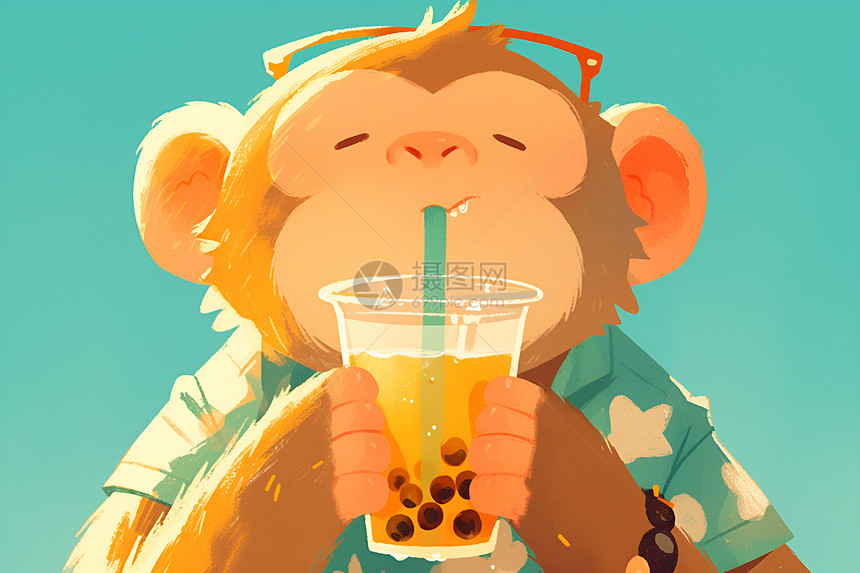猴子喝奶茶图片