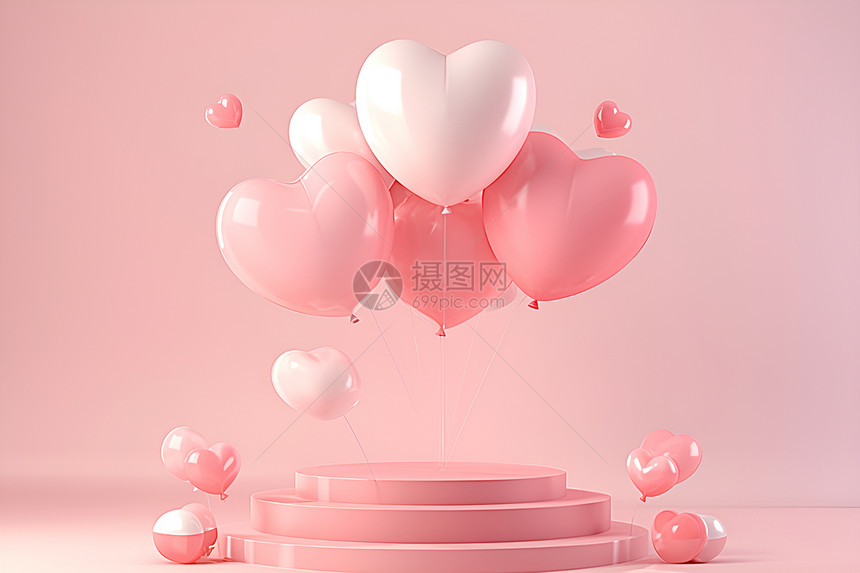 浪漫心形气球漂浮在粉色舞台上图片