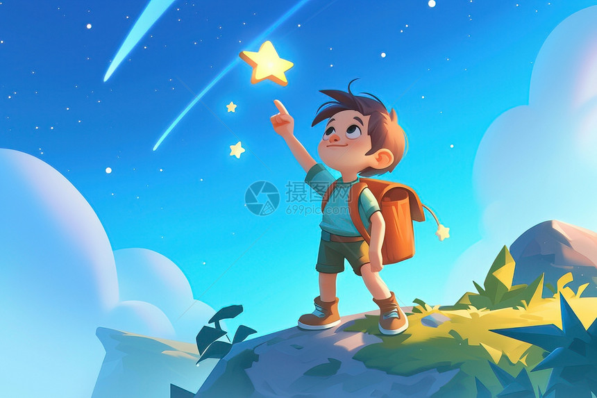 星星少年指着天空图片