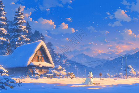 冬季唯美雪中屋雪景中的狗屋与雪山插画