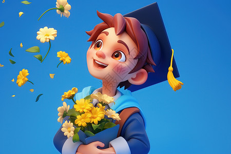 学士服男戴着蓝色帽子的男孩手里拿着一束花插画