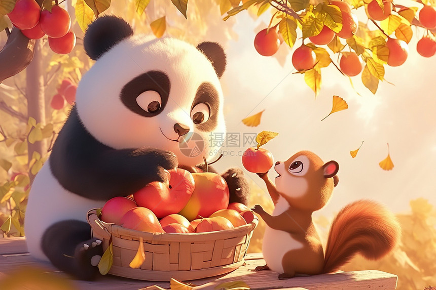 树上的熊猫和松鼠一起吃苹果图片