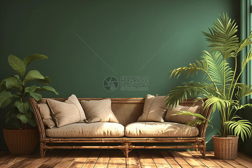 竹编沙发旁的盆栽图片