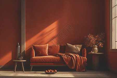 红色的客厅房间里的红色沙发插画