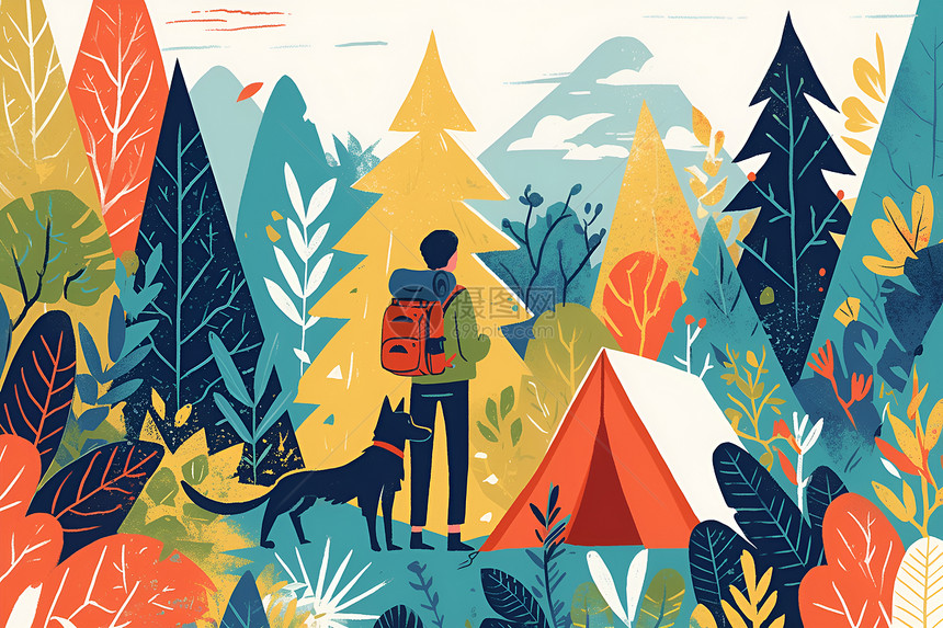 山林里露营的男孩和狗图片