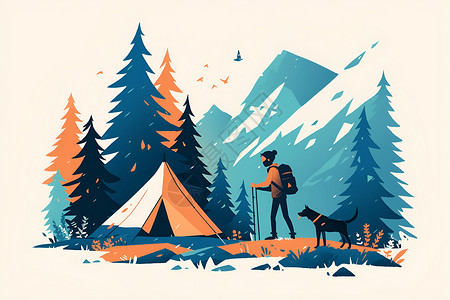 山林里小狗男孩和狗在山林里露营插画