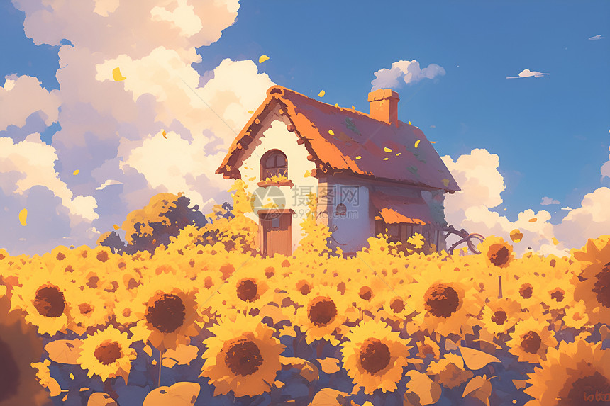蓝天下的向日葵房子图片