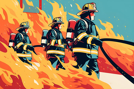 消防应急灯三名消防员在火海中奋勇作战插画