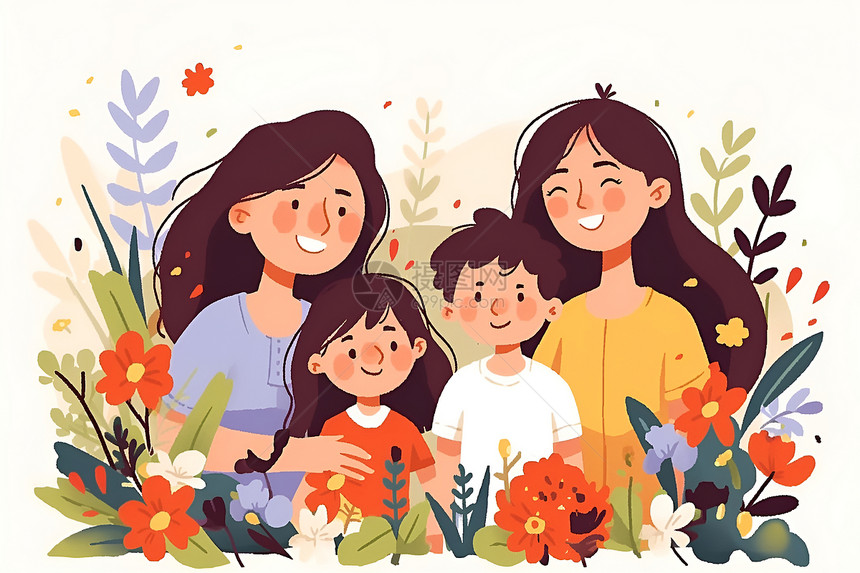花丛中的母亲和孩子图片
