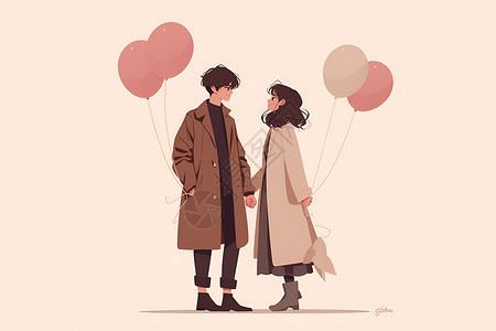 情侣手持红球手持气球的情侣插画