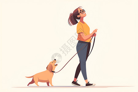 女士牵着她的幼犬散步插画