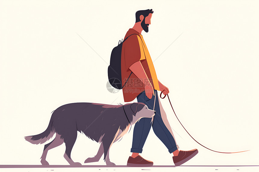 男人牵着狗散步图片