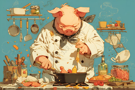 厨房碗碟餐具猪头形象的猪厨师烹饪美食插画