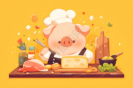 烹调烹调制作食物的猪厨师插画