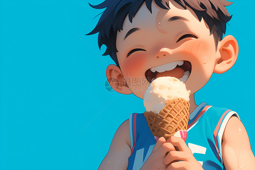 快乐天真的男孩吃冰淇淋图片