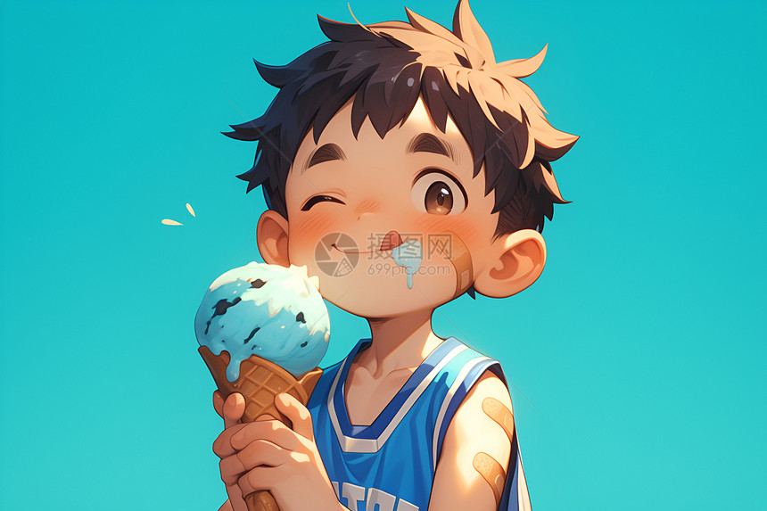 阳光少年享受冰淇淋图片