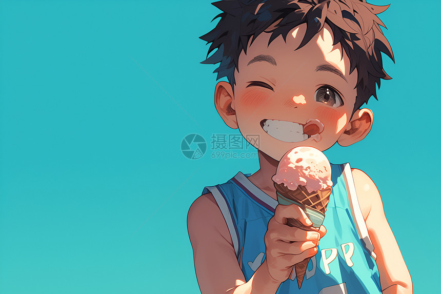 阳光男孩品味冰淇淋图片