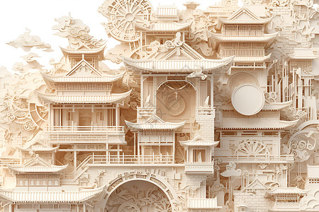 中国宏伟建筑宏伟的中国建筑纸雕插画