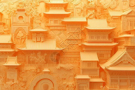 立体纸膜素材中国建筑立体纸雕艺术品插画