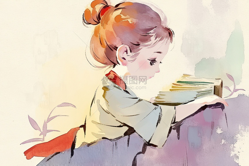少女与书的插画图片