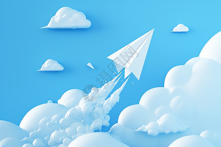 蓝色白折纸天空中飞翔的纸飞机插画
