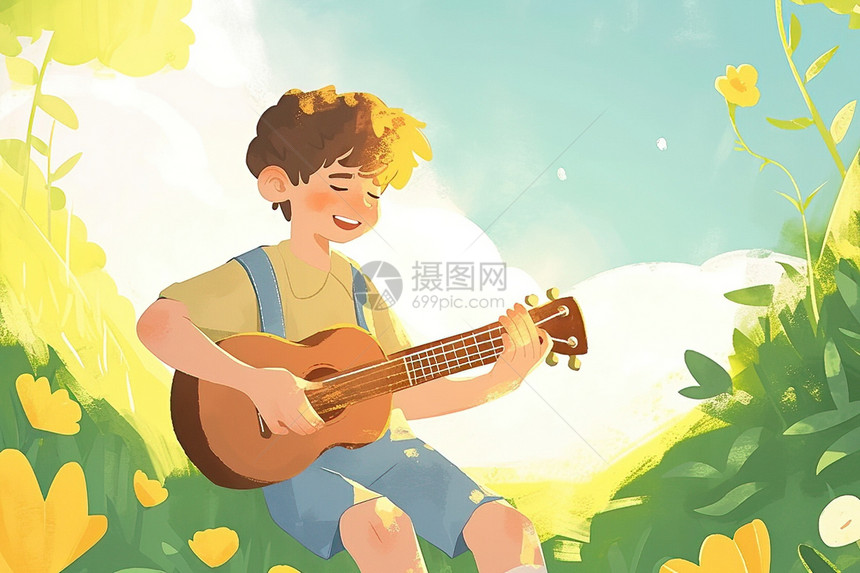 花海中弹奏吉他的男孩图片
