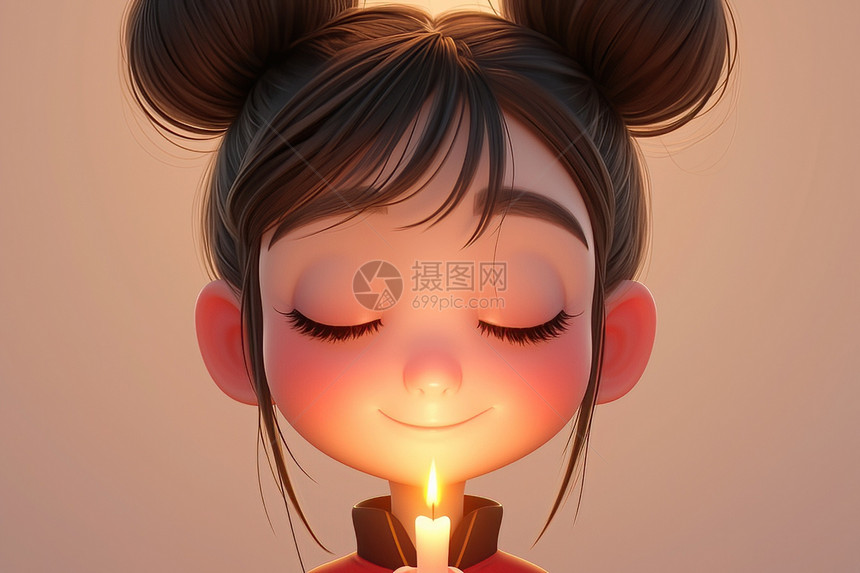 少女手持蜡烛的插画图片