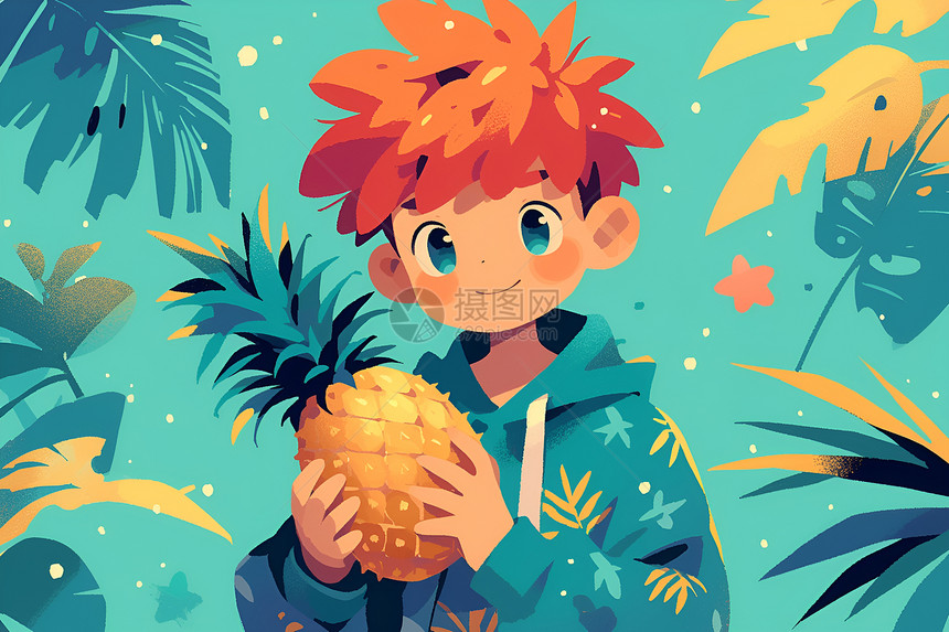 森林中拿着菠萝的男孩图片
