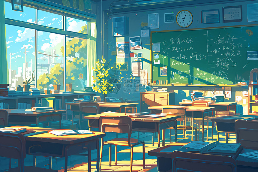 阳光洒满静谧的教室图片