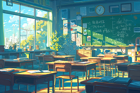 猎人座位阳光洒满静谧的教室插画