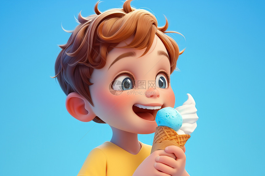 快乐的男孩吃着冰淇淋图片