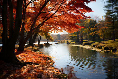 湖边落叶秋季湖边的树木背景