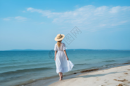 手绘白裙子女孩海滩上行走的女孩背景