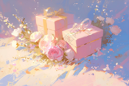 礼盒展示展示的玫瑰和礼物插画